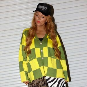 Burnt Toast Heat Check Green Checkered Oversized Cardigan 2X/3X NWT